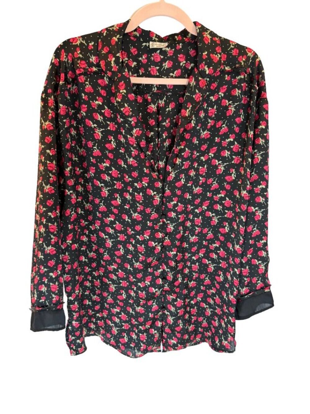 Free People Women’s Silk Floral Button Up Blouse Black Red Boho Top.